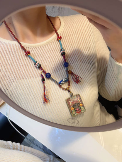 Zajiram Thangka Pendant With Tibetan Handmade Glass Necklace Rop