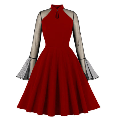 Vintage Bell Sleeve Mesh Panel Midi Dress