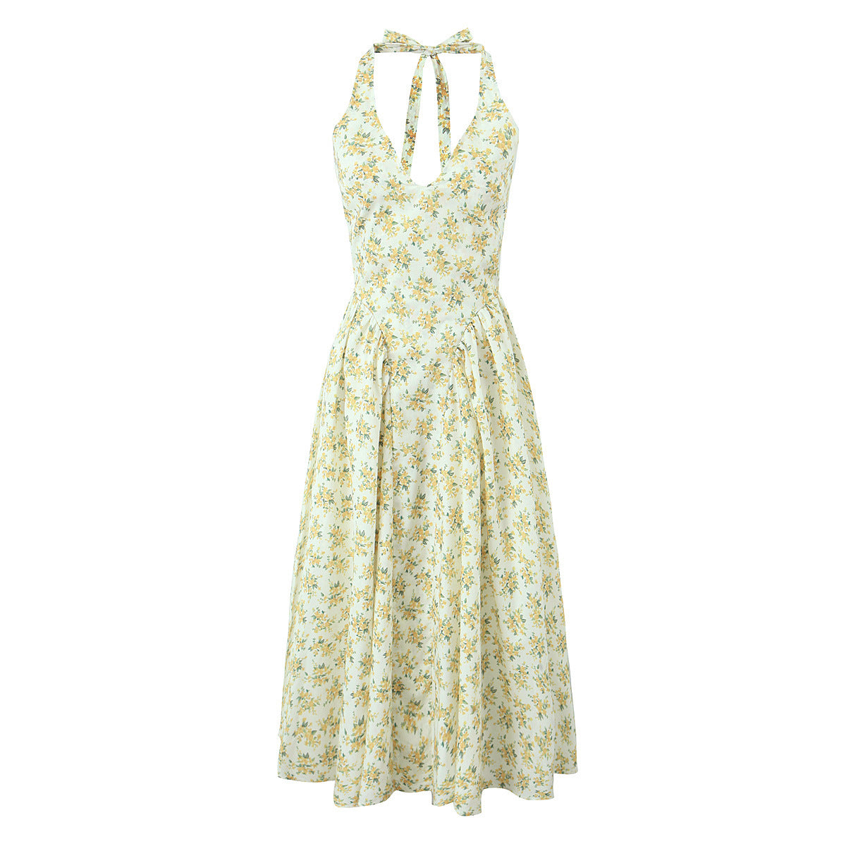Solid Color Halter V-Neck Ruffle Maxi Dress