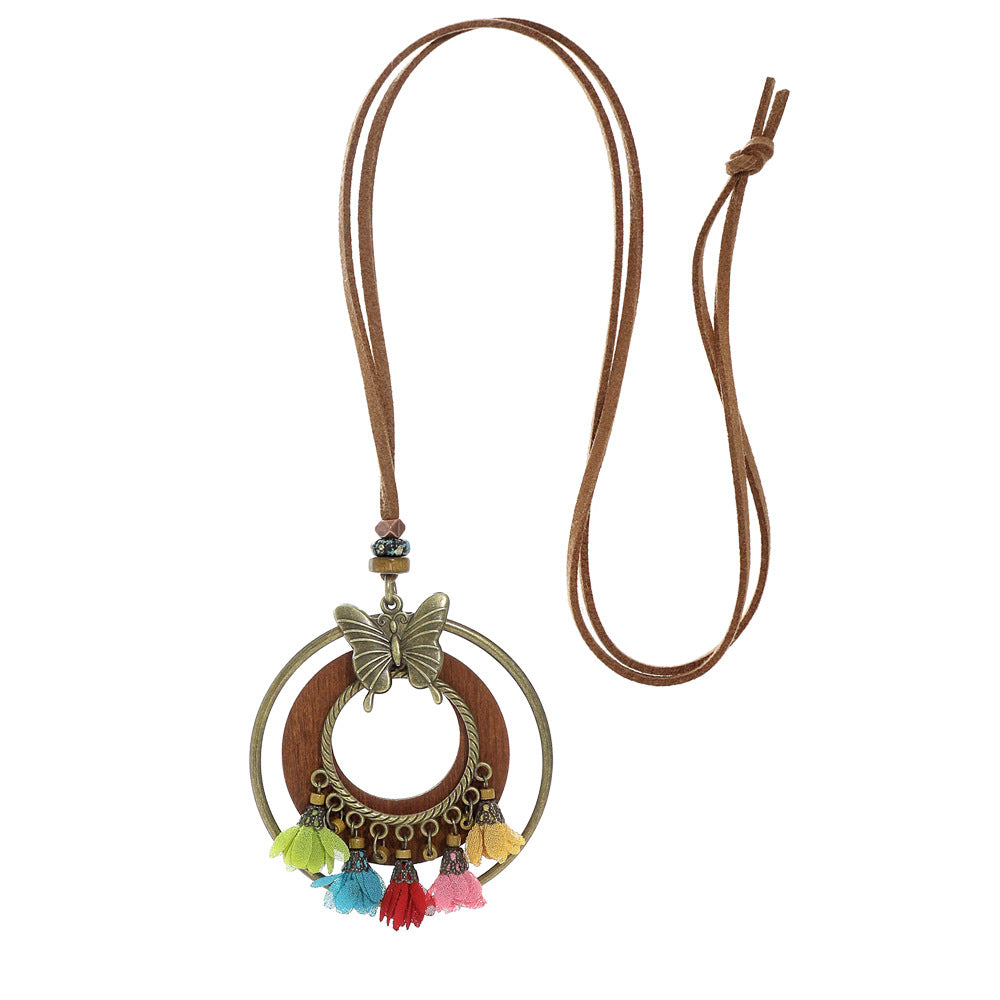 Trendy Ethnic-Inspired Butterfly Flower Necklace With Tassels