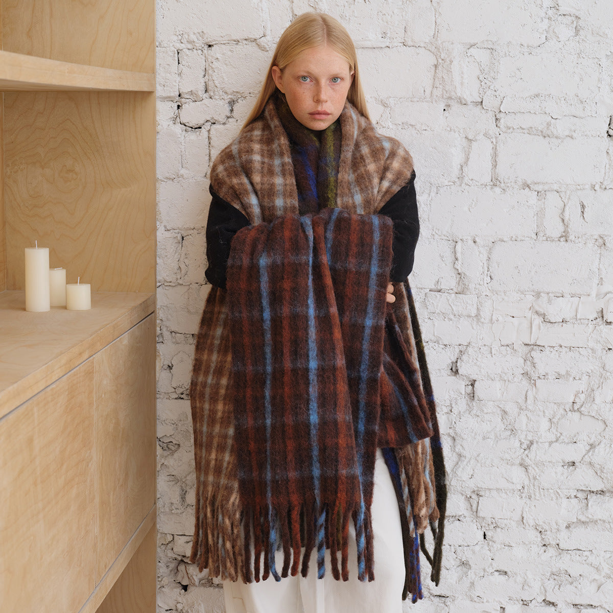 Wool Blend Fringed Plaid Scarf Cozy Casual Shawl