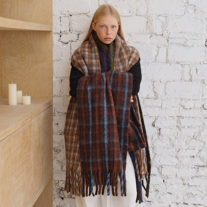 Wool Blend Fringed Plaid Scarf Cozy Casual Shawl