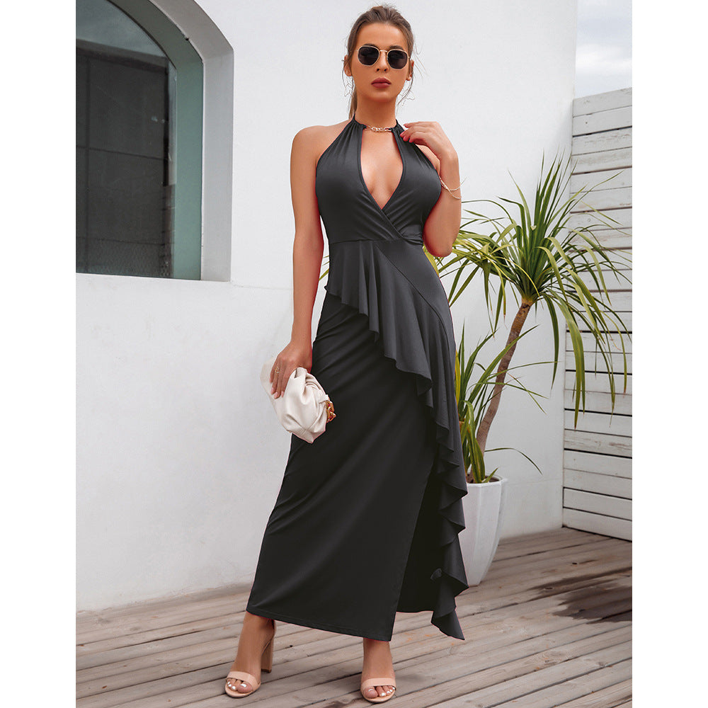 Women'S Temperament Slit Pleated Suspender Dress Evening Dress