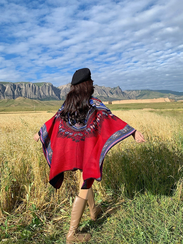 Tibetan Great Retro Totem Red Warm Outer Shawl Women'S Scarf Autumn And Winter Cloak Big Cloak