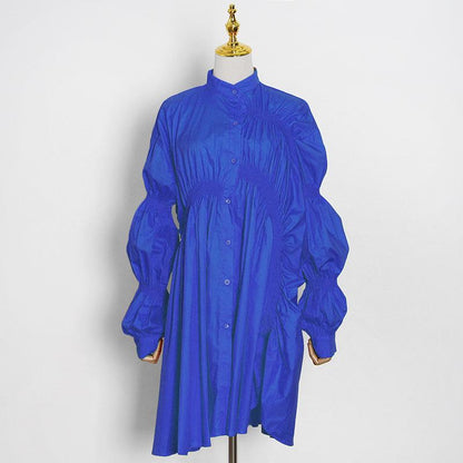 Loose Personality Fashion Pleated Stand Collar Lantern Sleeve Solid Color Irregular Dress
