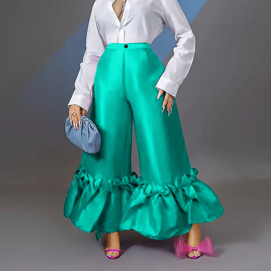 Women'S High Waist Loose Design Ruffle Wide Leg Pants Long Pants