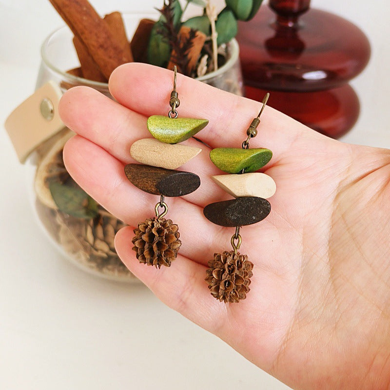 Geometric Vintage Wood Drop Earrings Bohemian Style