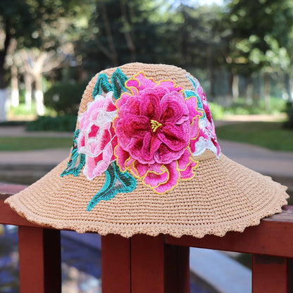New Ethnic Style Embroidery Big Brim Hat Sun Visor Hat 3D Flower Hat Women'S Embroidery Hat