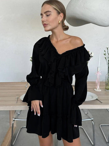 V-Neck Flare Sleeve Chiffon Dress Casual Elegant Short Dress