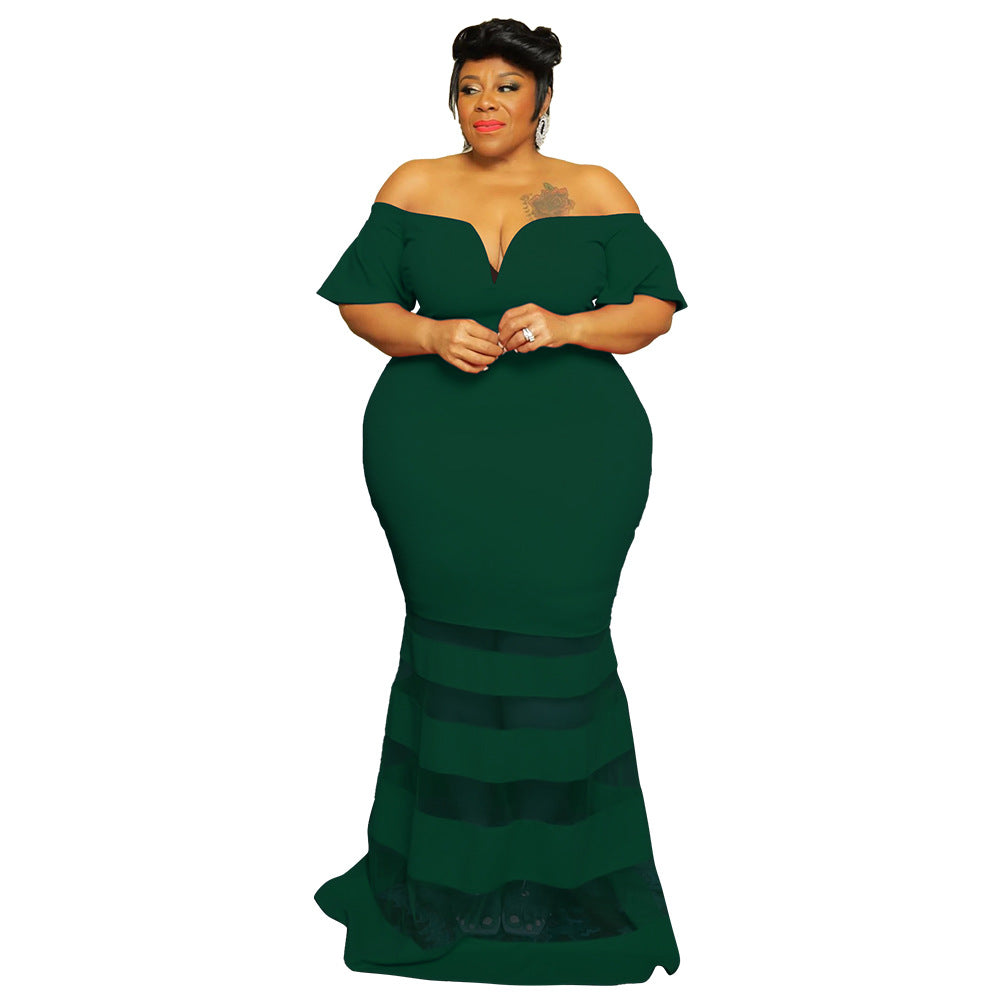 Plus Size V-Neck Sheer Fashion Dress With Flared Sleeves