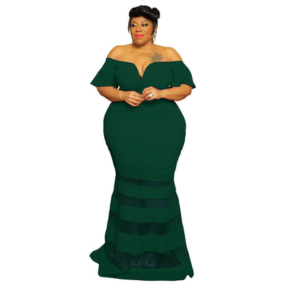 Plus Size V-Neck Sheer Fashion Dress With Flared Sleeves