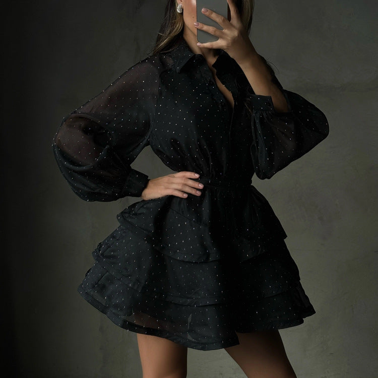 Stylish Black A-Line Dress with Rhinestones