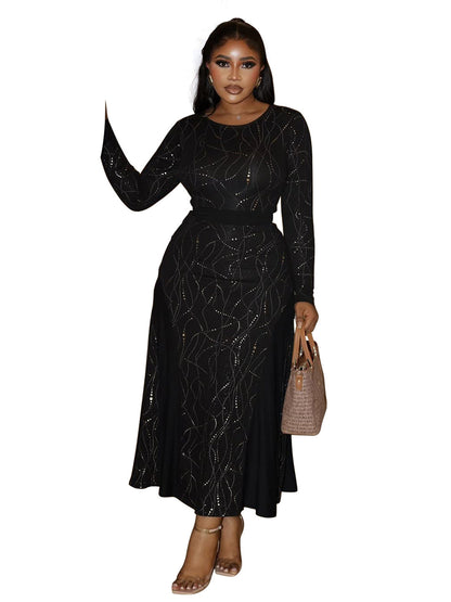 Plus Size Long Sleeve A-Line Dress Black Elegant Casual