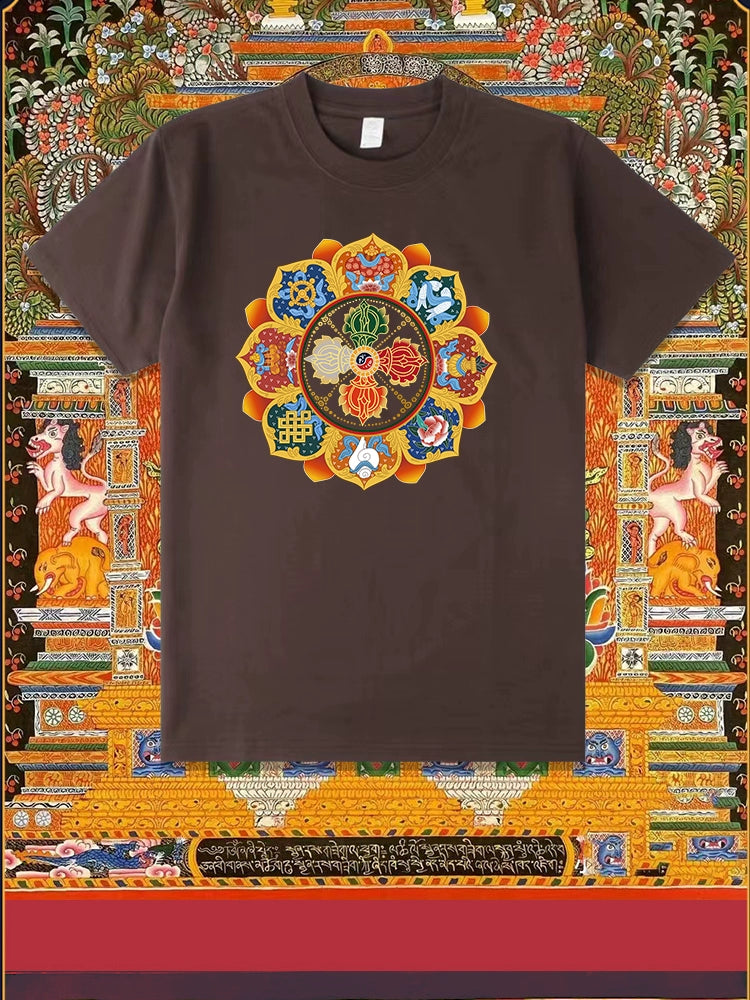Diamond Pestle Babao New Printed Pure Cotton Mantra Wheel T-Shirt Top, Buddhist Men'S And Women'S High-End Clothing