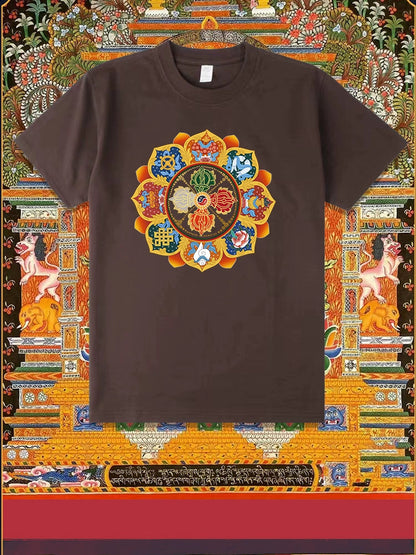 Diamond Pestle Babao New Printed Pure Cotton Mantra Wheel T-Shirt Top, Buddhist Men'S And Women'S High-End Clothing
