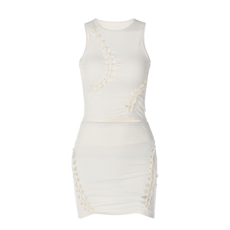 Stylish Sleeveless Hollow Out Top And Skirt Set