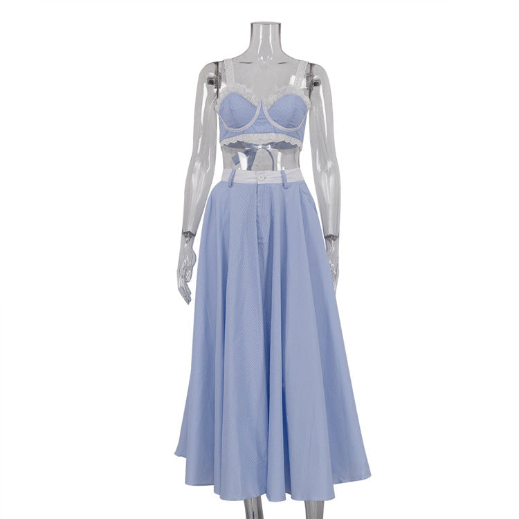 Trendy Lace Patchwork Sleeveless Top & Flowing Skirt Set
