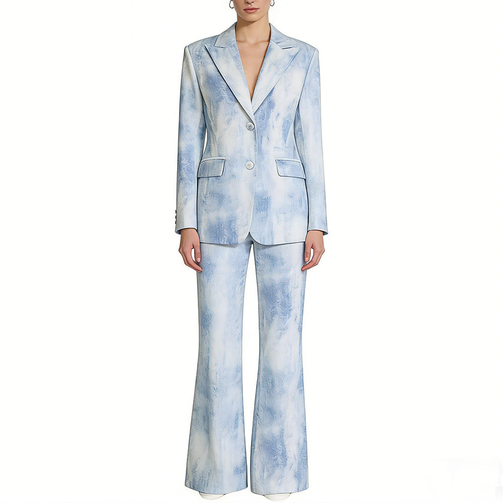 Abstract Print Cotton Blazer And Trousers Set Stylish Casual Outfit