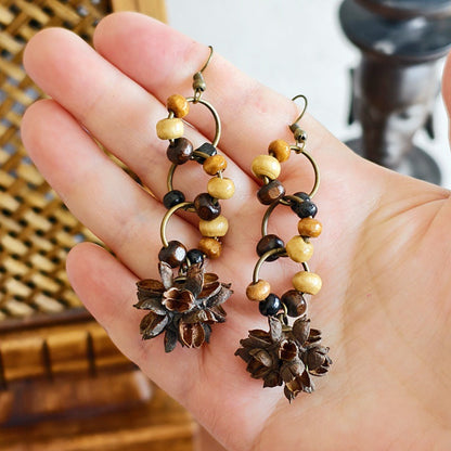 Botanical Pattern Wooden Bead Dangle Earrings