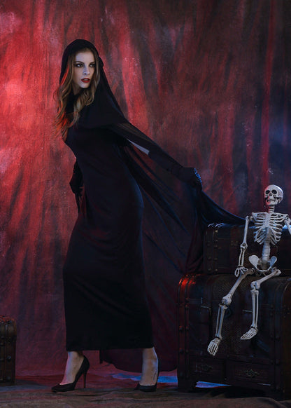 Long Black Dress With Sheer Hooded Cape