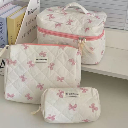Bow Flower Large Capacity Makeup Bag Vintage Quilted Toiletry Pouch