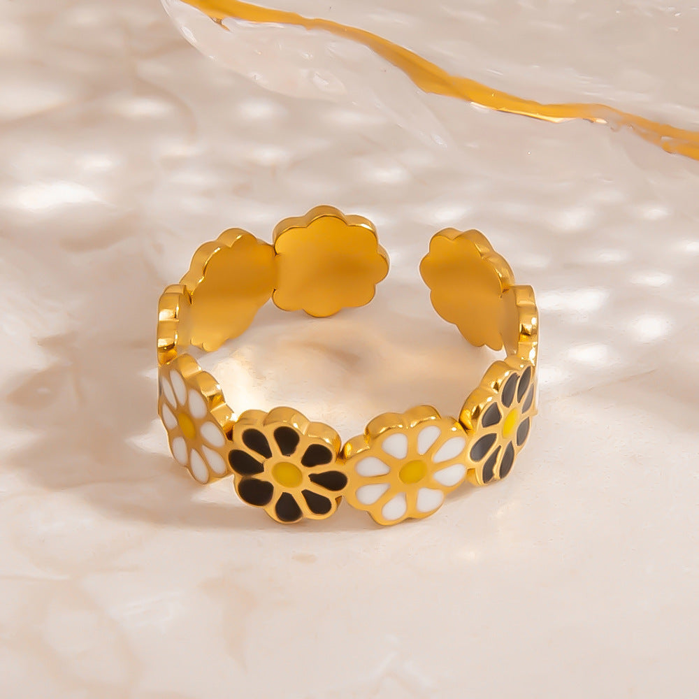 Colorful Floral Stainless Steel Ring Stylish Casual 18K Gold-Filled Women's Ring