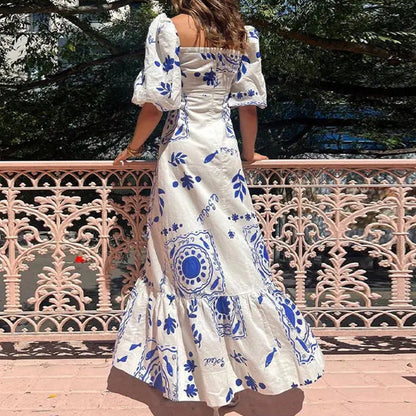 Elegant Floral Print Puff Sleeve Dress