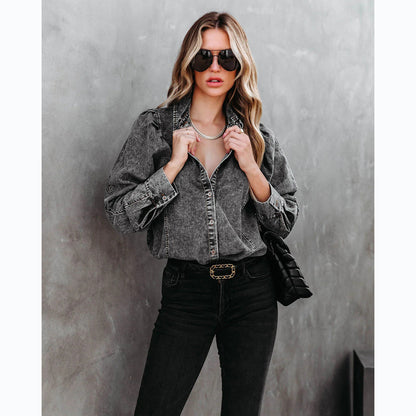 Trendy Casual Denim Shirt with Lapel for Women