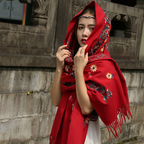 Thickened Imitation Cashmere Embroidered Scarf Shawl Dual-Purpose Autumn And Winter Warmth, Large Size High-End Retro National Style