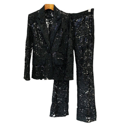 Fashionable Sheer Embroidered Blazer And Trouser Set