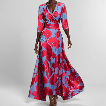 Elegant V-Neck Floral Print Midi Dress