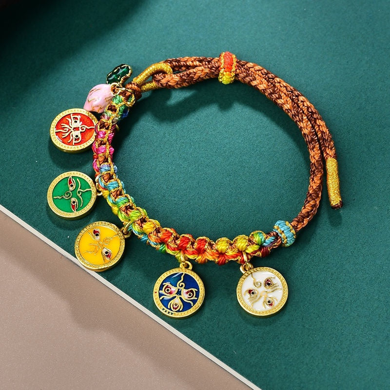 Tibetan Handmade Rope Tangka Handwoven Colorful Rope Five Gods Of Wealth Bracelet