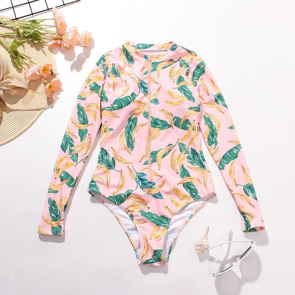 Women'S One Piece Long Sleeve Surfwear Multicolor Print Zip Swimsuit