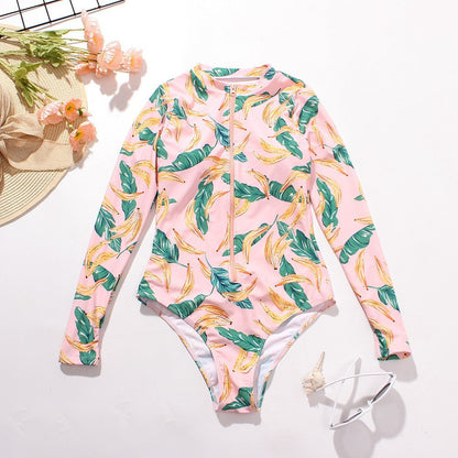 Women'S One Piece Long Sleeve Surfwear Multicolor Print Zip Swimsuit