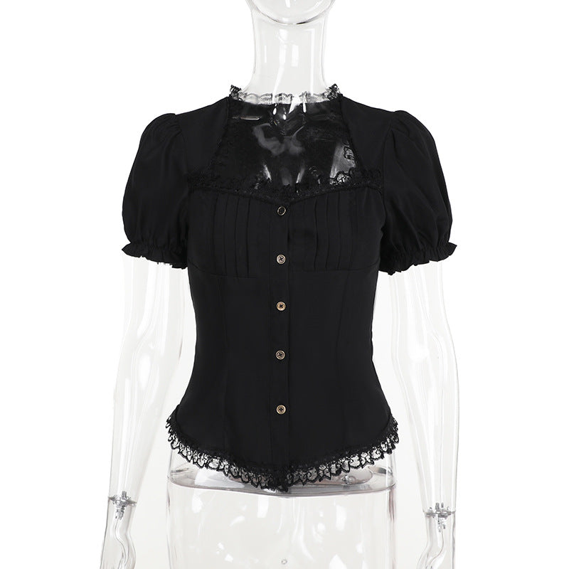 Vintage Lace Trim Short Sleeve Blouse for Ladies