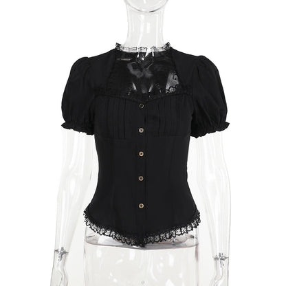 Vintage Lace Trim Short Sleeve Blouse for Ladies