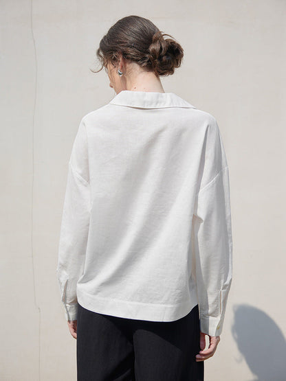 White V-Neck Long Sleeve Linen Shirt for Women