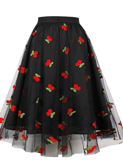 Plus Size High Waist A-Line Skirt with Cherry Embroidery