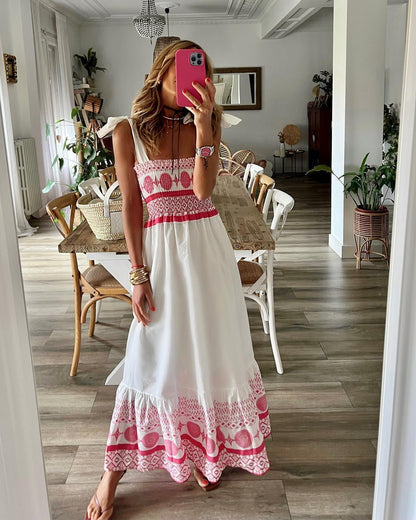 Summer New Lace Up Printing Sweet And Elastic Bohemian Style Dress