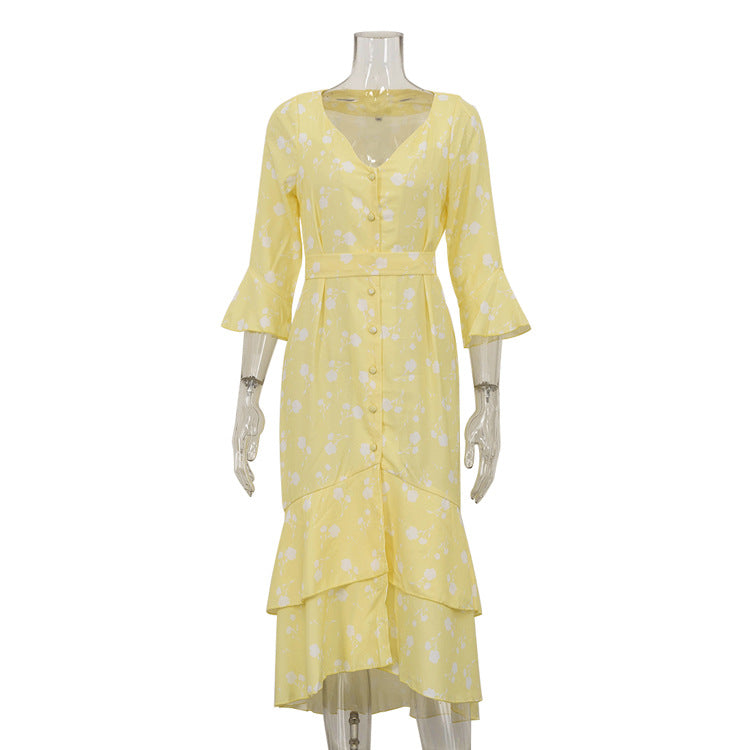 French Floral Print High Waist V-Neck Flare Sleeve Dress