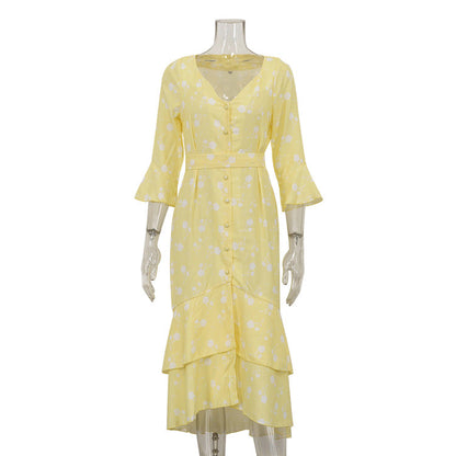French Floral Print High Waist V-Neck Flare Sleeve Dress