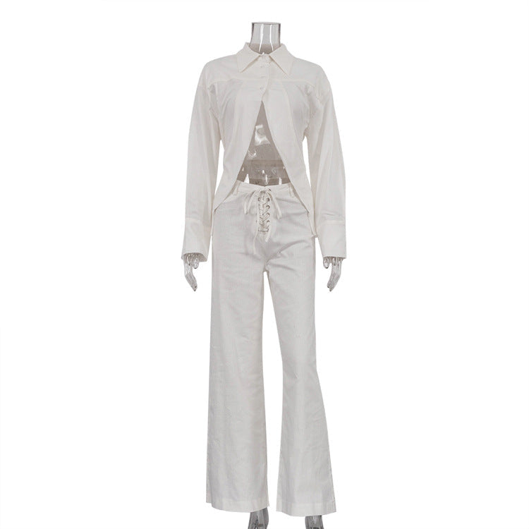 Trendy White Set with Cropped Design Shirt and Wide-Leg Pants