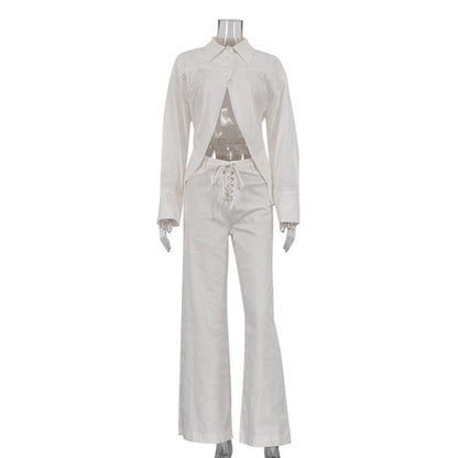 Trendy White Set with Cropped Design Shirt and Wide-Leg Pants