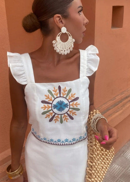 Embroidered Two Piece Set Polyester Ruffle Straps