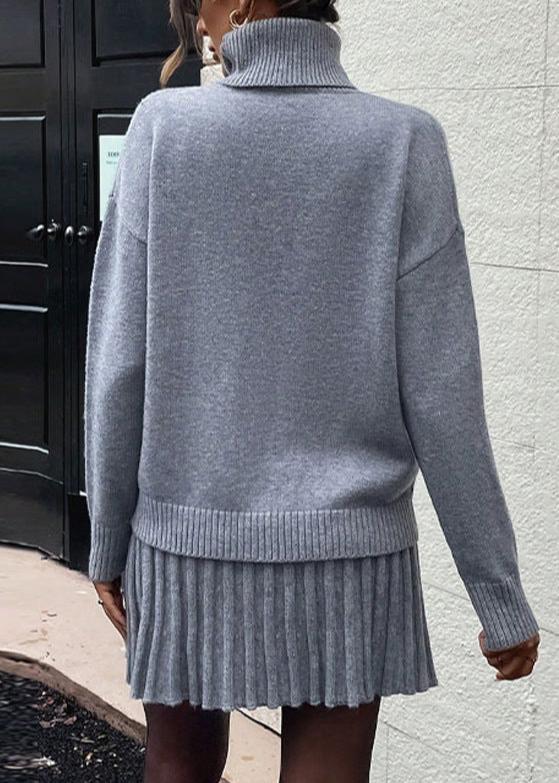 Knit Sweater and Pleated Mini Skirt Set Gray