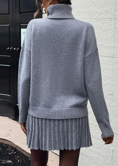 Knit Sweater and Pleated Mini Skirt Set Gray