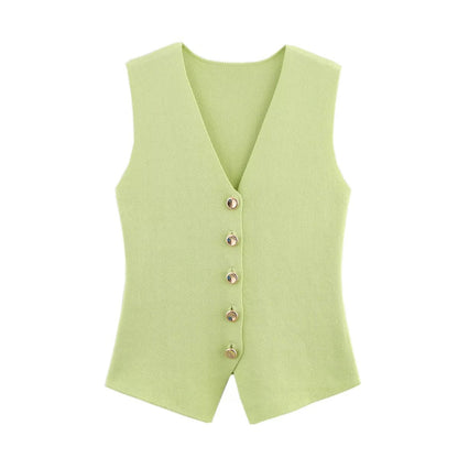 Knit Button Down Sleeveless V-Neck Tank Top