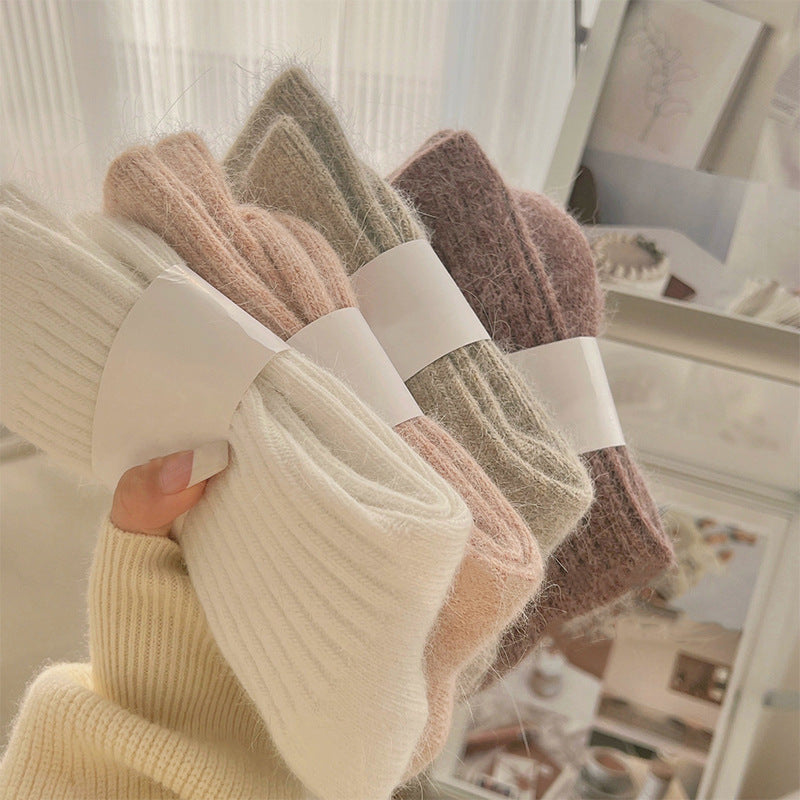 Solid Color Striped Warm Soft Crew Socks