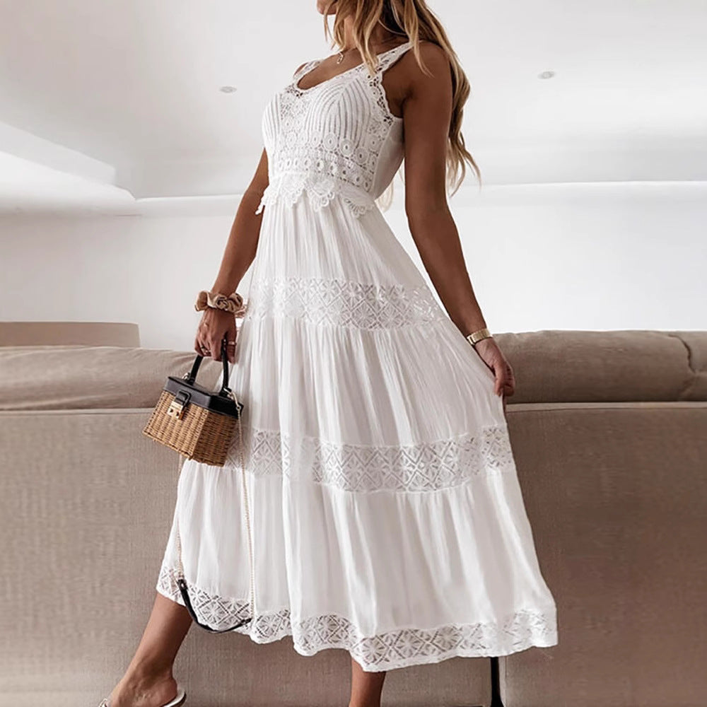 Elegant Lace High-Waist Midi Dress For Commuting