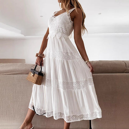 Elegant Lace High-Waist Midi Dress For Commuting